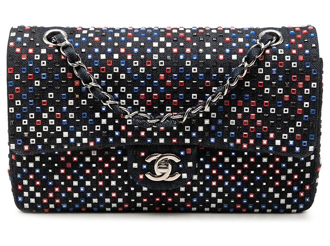 Chanel Blue Medium Classic Strass Embellished Denim Double Flap Bleu Bleu Marine