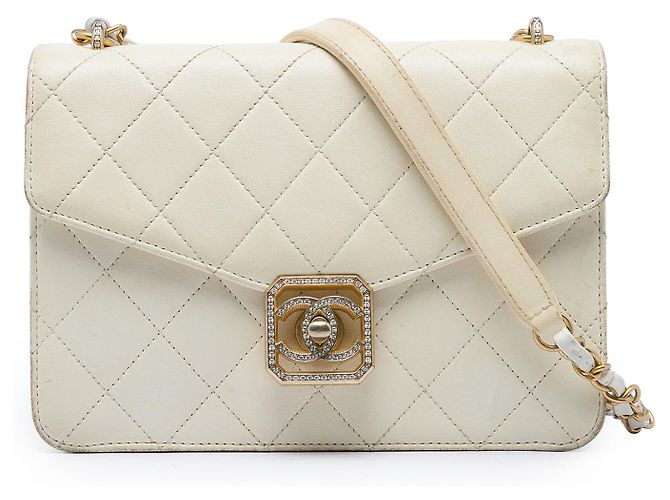 Chanel White Quilted Lambskin Crystal Geometric CC Frame Flap Blanco Crudo