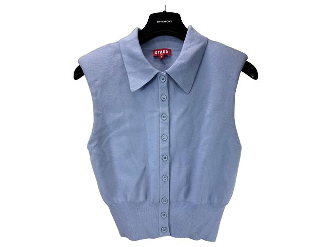 Staud Baby Blue Cotton Collared Button-Up Vest