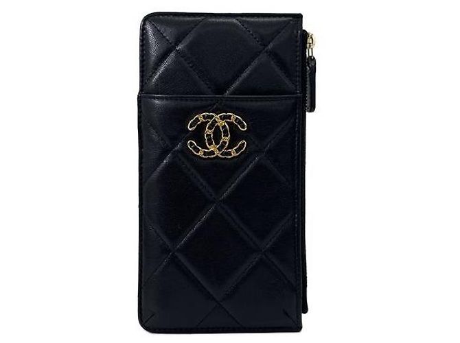 Chanel Classic Phone Holder Card Case Wallet Black Gold