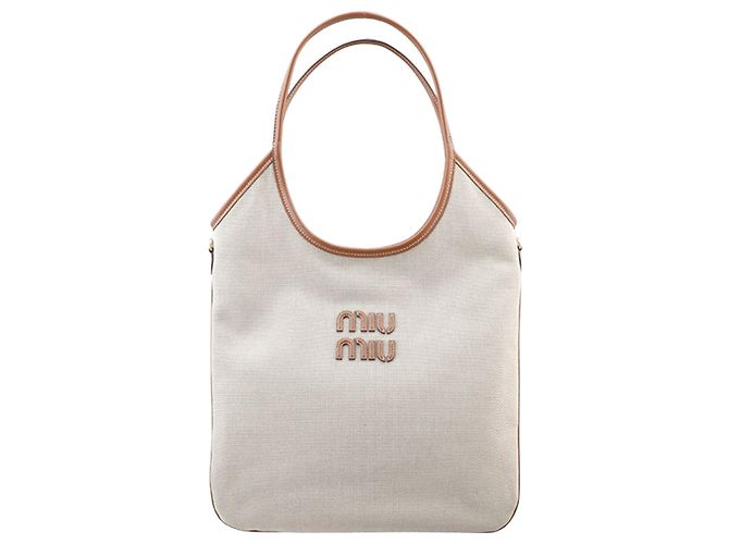 Miu Miu Saco Tote em Lona e Couro Bege ACRN Marrom
