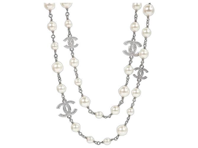Chanel Lange Perlen-Kristall-Halskette Silber 