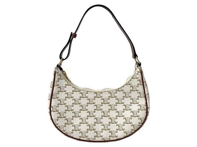 Céline Bolso Hobo Triomphe Triope Canvas Bolso de Hombro Medium White Castaño