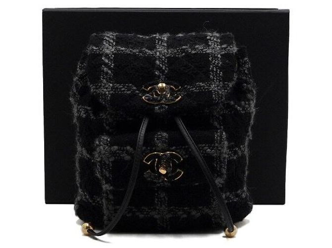 Chanel Black Wool Tweed Gold Metal Chain Duma Backpack
