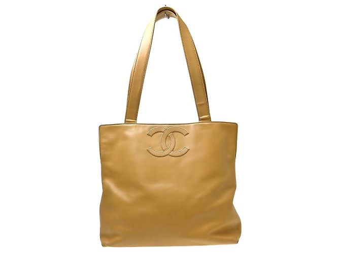 Chanel Vintage CC Logo Tote aus Leder Small Beige