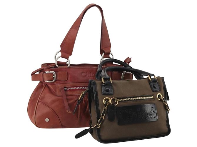 Chloé Bolsa de Mão Chloe Canvas Leather Conjunto de 2 Khaki Red Auth BA15069 Vermelho Caqui
