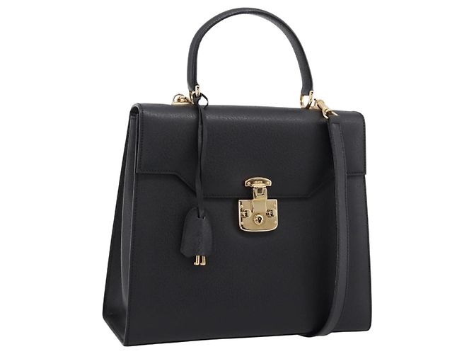 GUCCI Hand Bag Leather 2way Black Gold Tone Auth ep15699V