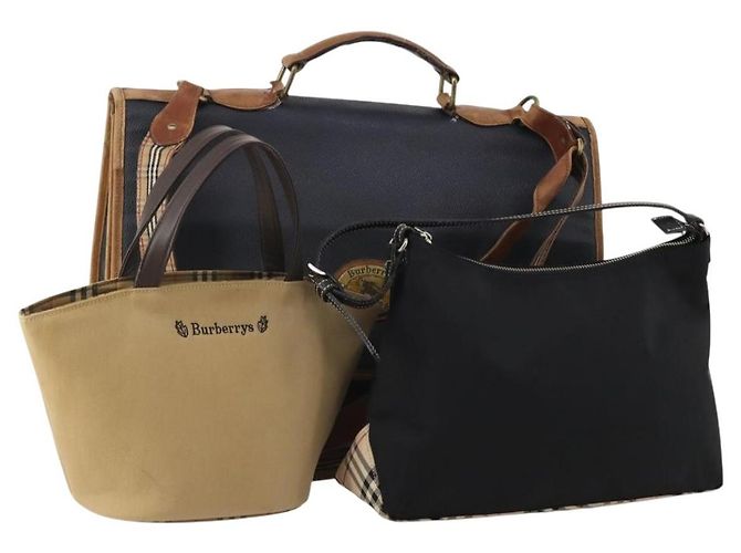Sac Burberrys Nova Check Blue Label Canvas Cuir 2way 3 Set Noir Auth bs36794 Beige Bleu Marine