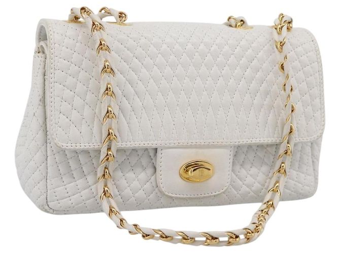 BALLY Schultertasche mit Kette aus Leder weiß goldfarben Auth 196398