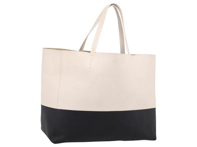 Céline CELINE Horizontal Cabas Large Tote Bag Leather White Black Auth 198621A Nero Bianco