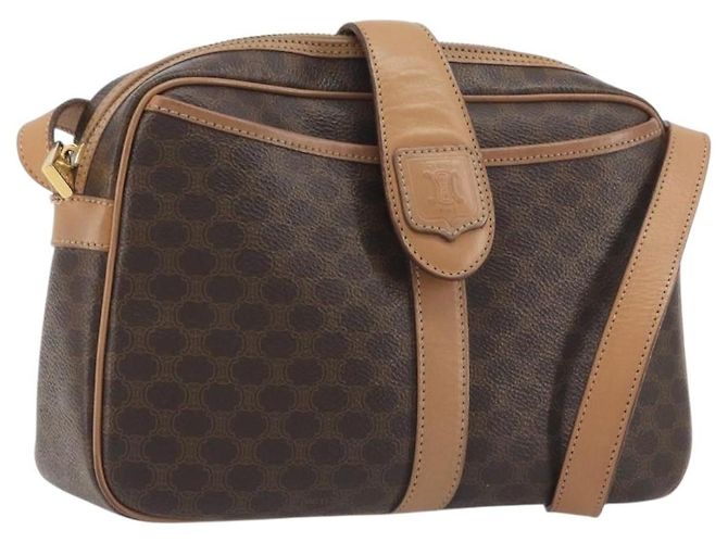 Céline Bolsa de Ombro CELINE Macadam Canvas PVC Couro Marrom Dourado Auth mr2845