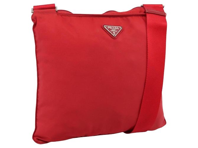 Borsa a tracolla PRADA Nylon Rosso Argento Auth 198455
