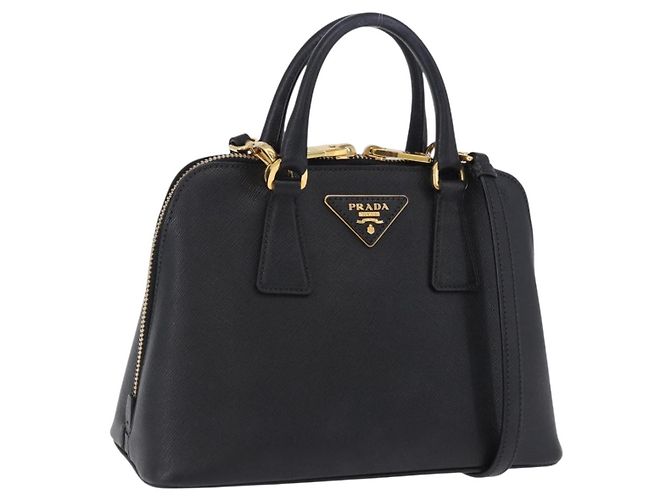 Bolsa de mão PRADA couro Saffiano 2way Preta Dourada Auth 198741V Preto Dourado
