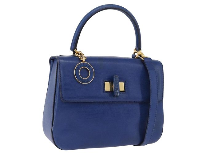 Céline Bolsa de mão CELINE Circle em couro 2way Azul Tom Dourado Auth BA14889A