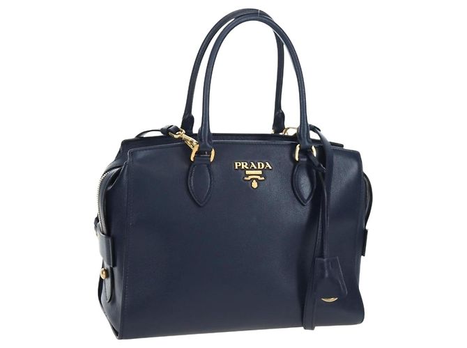 Bolsa PRADA Vitterodino em couro 2way Navy tom dourado Auth BA14804V Azul marinho