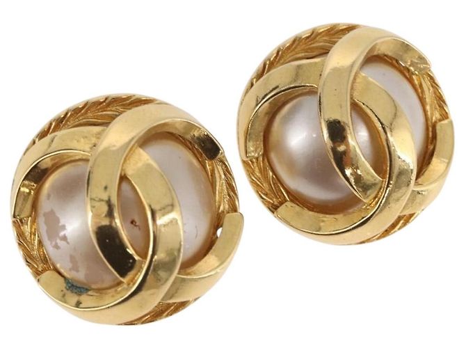 CHANEL Perlenohrringe Metall Gold Tone CC Auth 198846