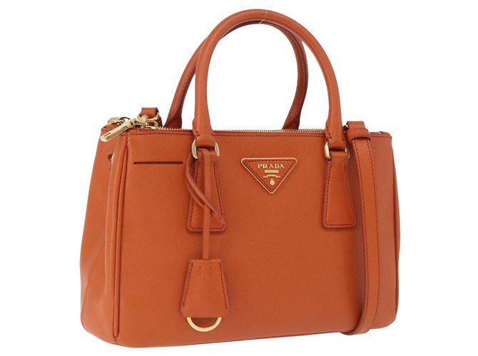 Saffiano Sac à main PRADA Cuir Safiano 2way Orange Gold Auth BA15151 Doré