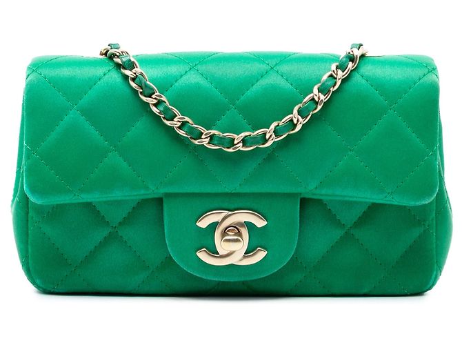 Bolsa Tiracolo Chanel Extra Mini Rectangular Classic Single Flap em cetim verde