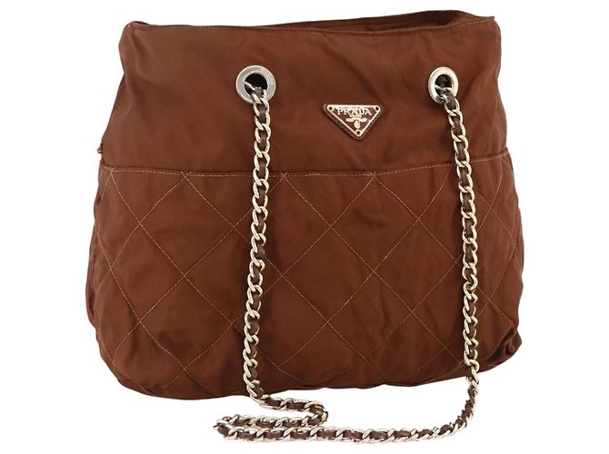 PRADA Chain Shoulder Bag Nylon Brown Gold