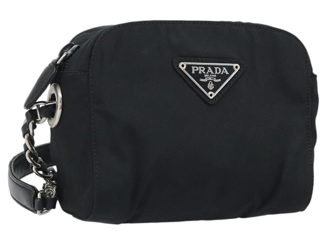 PRADA Schultertasche mit Kette Nylon Schwarz Gold