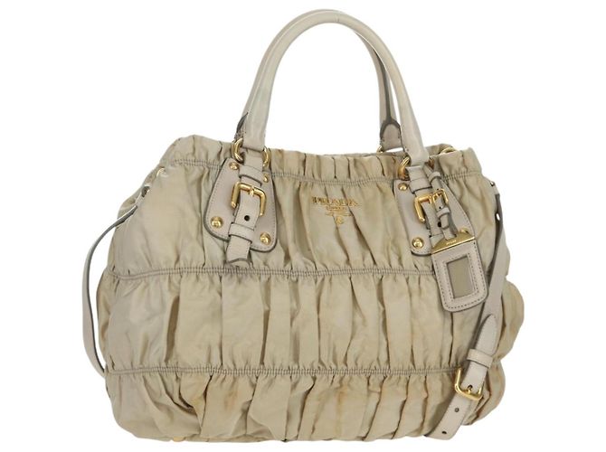 PRADA Gathered Hand Bag Nylon 2way Beige Gold