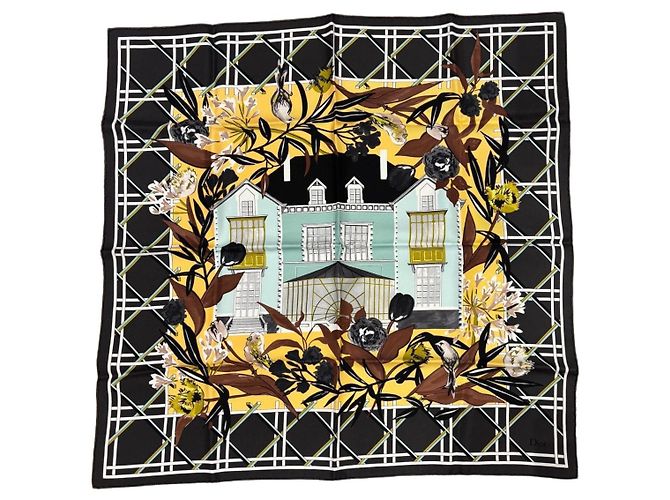 Pañuelo de seda Dior Castaño Negro Blanco Verde Amarillo 