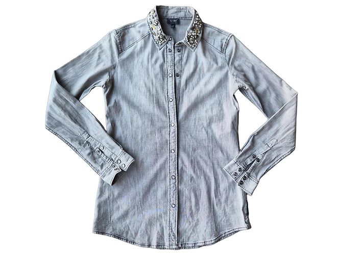 Armani Jeans Camicia in denim grigia adornata con perle e cristalli Grigio
