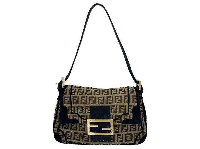 Bolsa Semi-One Shoulder Fendi Zucchino FF Pattern Marrom Preto