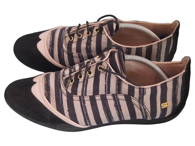 Sonia Rykiel Baskets rayées en toile et daim Noir Multicolore Beige