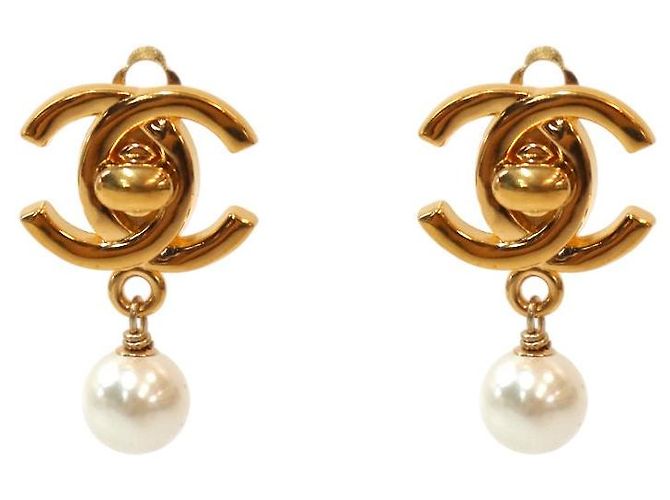 Chanel Orecchini Pearl Drop Turnlock Gold D'oro