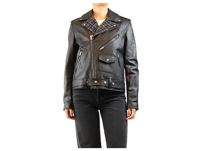 Saint Laurent Giacca biker in pelle nera e tweed - size UK 12 Nero