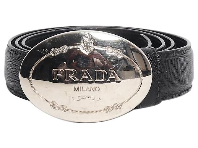 Prada Black Saffiano leather logo belt