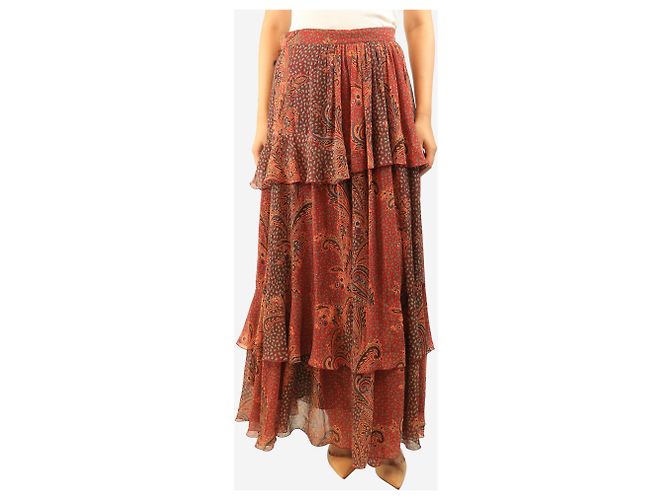 Etro Roter gestufter Maxirock mit Paisley-Muster - size UK 10