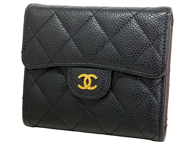 Cartera tri-fold Chanel en piel de becerro granulada negra Negro