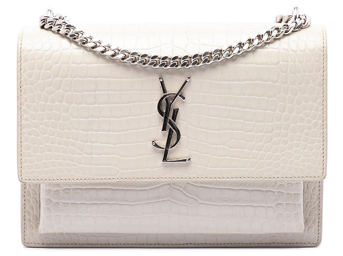 Saint Laurent White Medium Croc Embossed Leather Monogram Sunset Crossbody Branco Cru