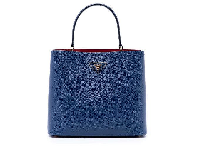 Prada Bolsa Satchel Panier Grande em Couro Saffiano Azul