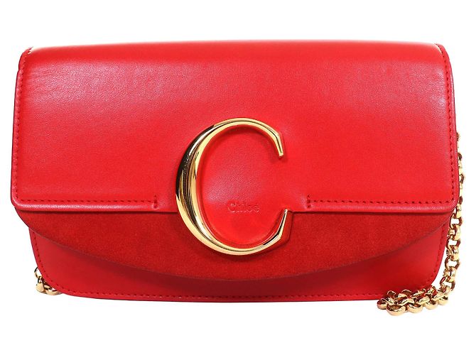 Chloé Mini Borsa a Tracolla C Chain in Vitello e Camoscio Rossa Rosso