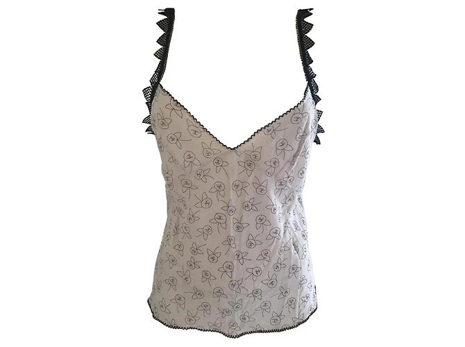 Chanel Camellia Print Seidentop Schwarz Beige