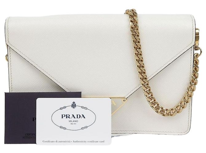 Saffiano Prada Borsa a tracolla con catena e logo triangolo Bianco