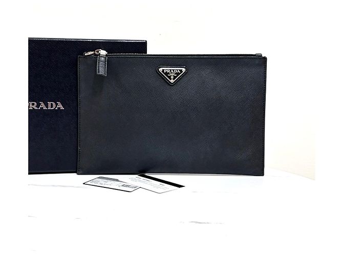 Prada Saffiano Triangle Logo Clutch Bag Black