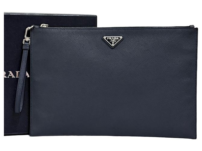Prada Pochette Saffiano avec logo triangle Navy Bleu