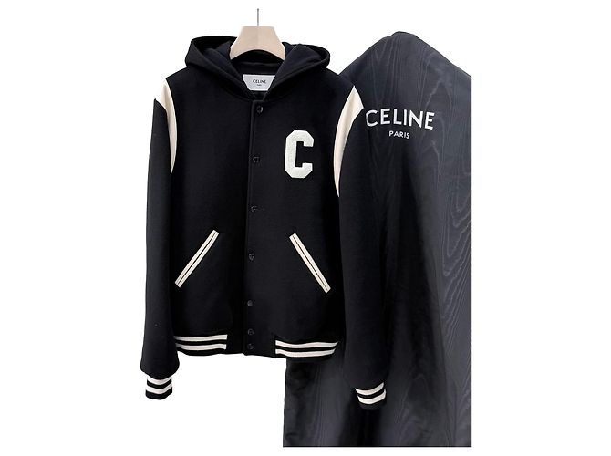 Céline Cashmere Wool Teddy Varsity Hooded Jacket Black