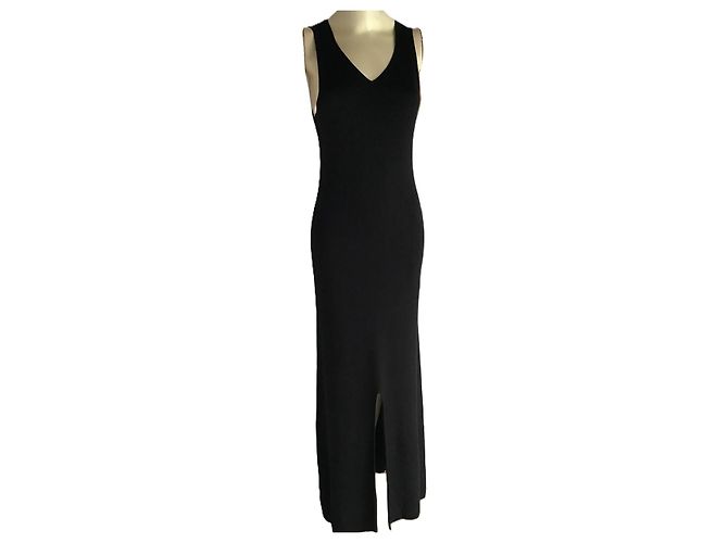 Issey Miyake schwarzes Rippstrick-Maxikleid mit Schlitz
