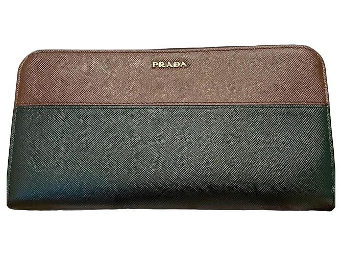 Prada Saffiano Leather Two-Tone Zip-Around Wallet Brown Black