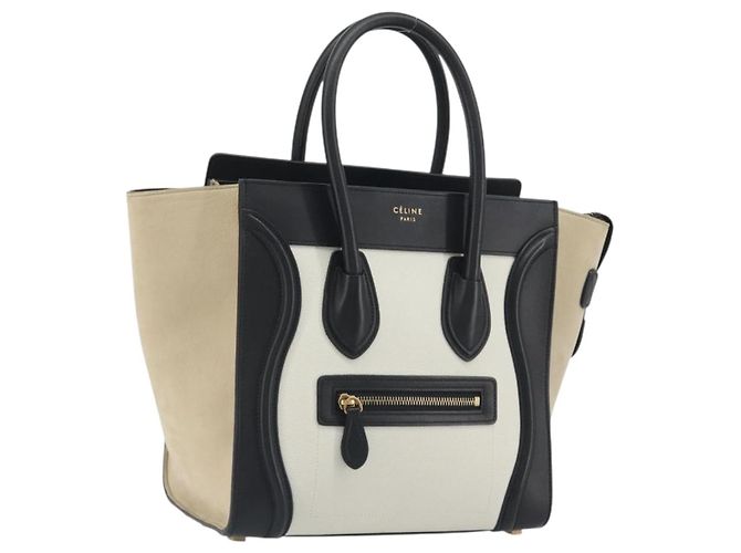 Céline CELINE Luggage Micro Shopper Hand Bag Leather White Gold Auth 196632V Blanc Doré