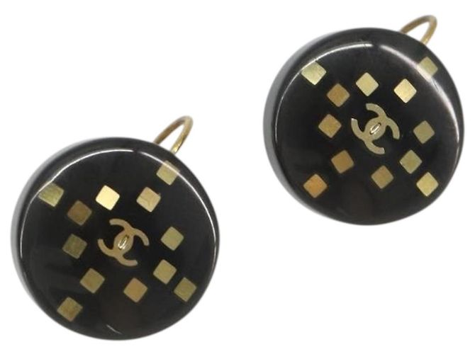 CHANEL Pierce Plastic Black Gold CC Auth 198813A Preto Dourado