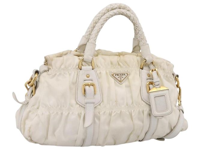 PRADA Handtasche gerafft Nylon 2way White Gold Tone Auth 198464 Weiß