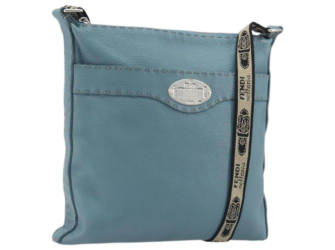 FENDI Celeria Shoulder Bag Leather Light Blue Silver 8BT109 Auth BA14891A