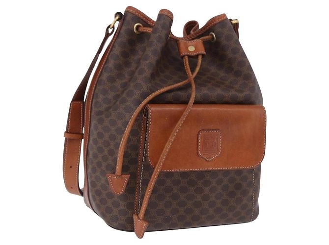 Céline Borsa a tracolla CELINE Macadam Canvas PVC Leather Brown Gold Auth 196696A Marrone D'oro