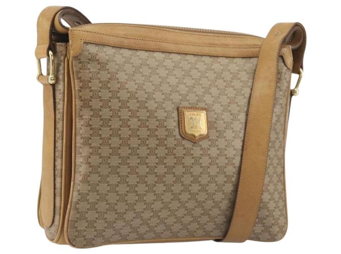 Céline Bolsa de Ombro CELINE Macadam Canvas PVC Beige Gold Auth 196251 Bege Dourado